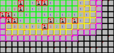 Example minesweeper grid with highlighted cells